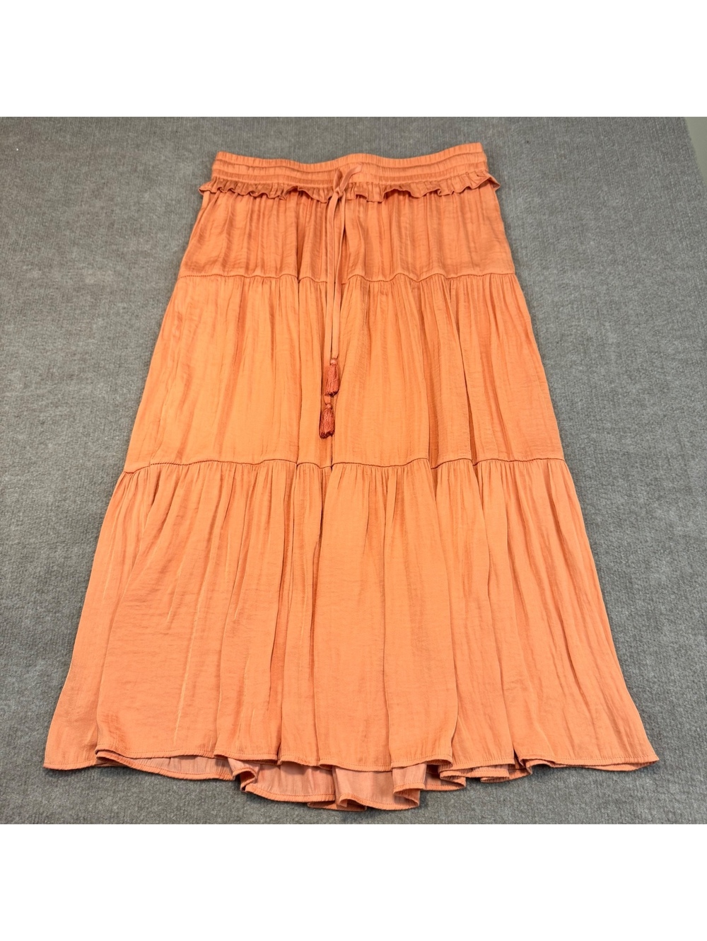 Rachel Zoe Maxi Skirt Womens L Terracotta Orange Tiered Boho Tassel Ruffle Long